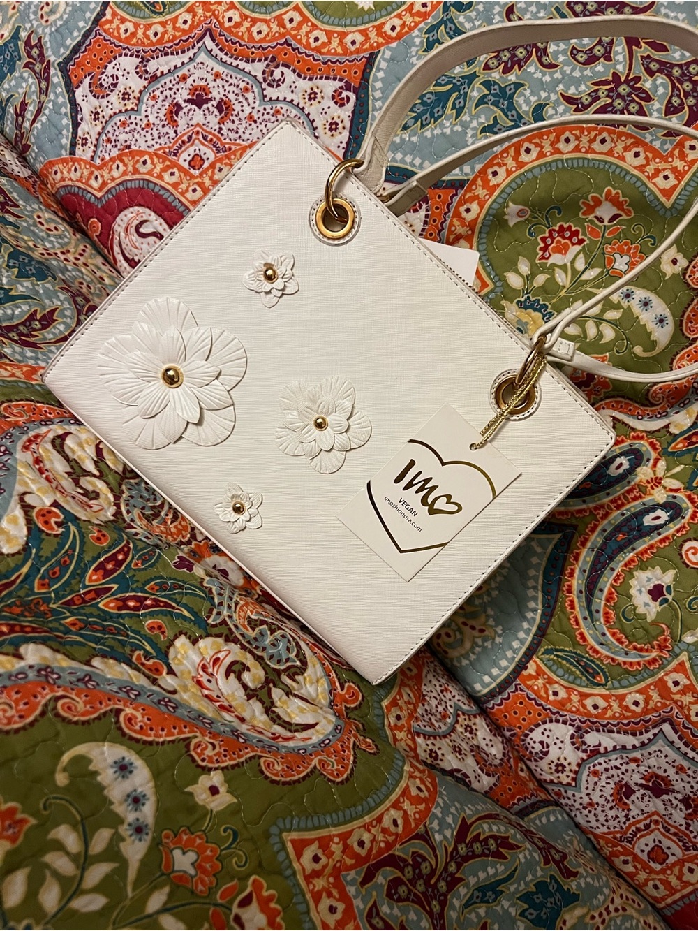 White Floral Applique Tote Bag with Gold Accents